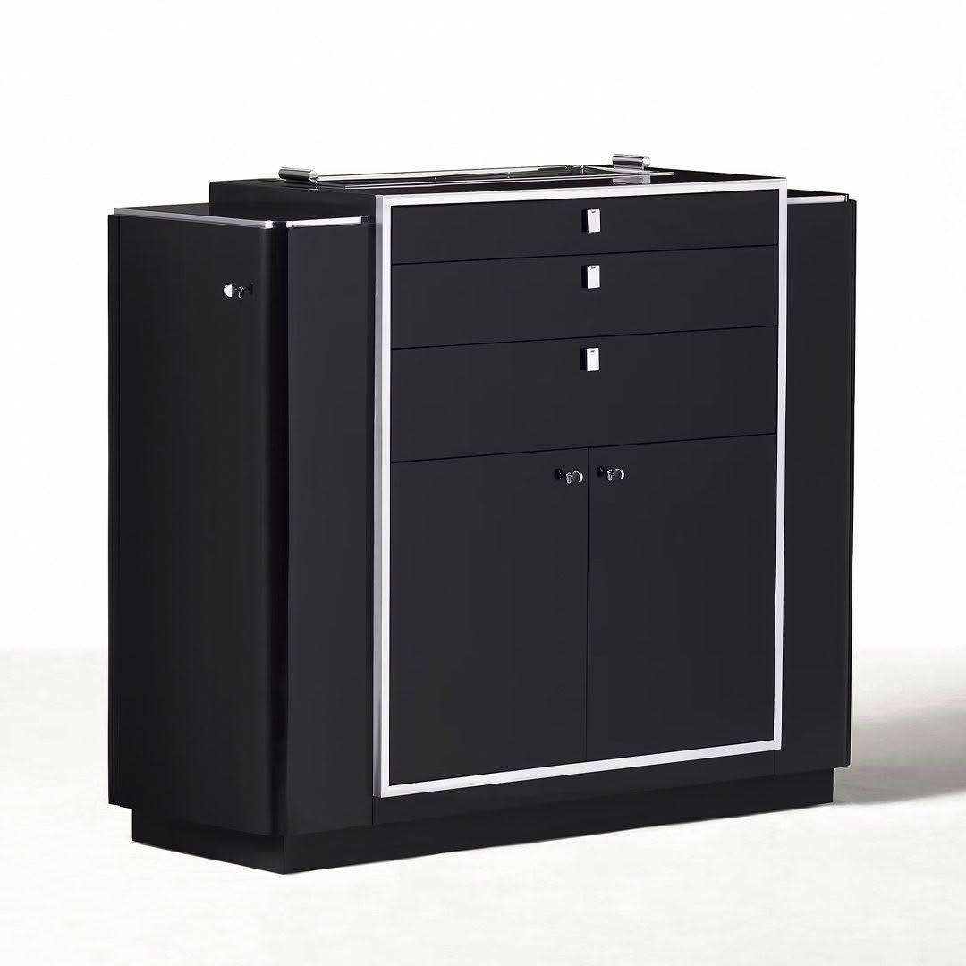 Modern black office storage cabinet with drawers and doors
