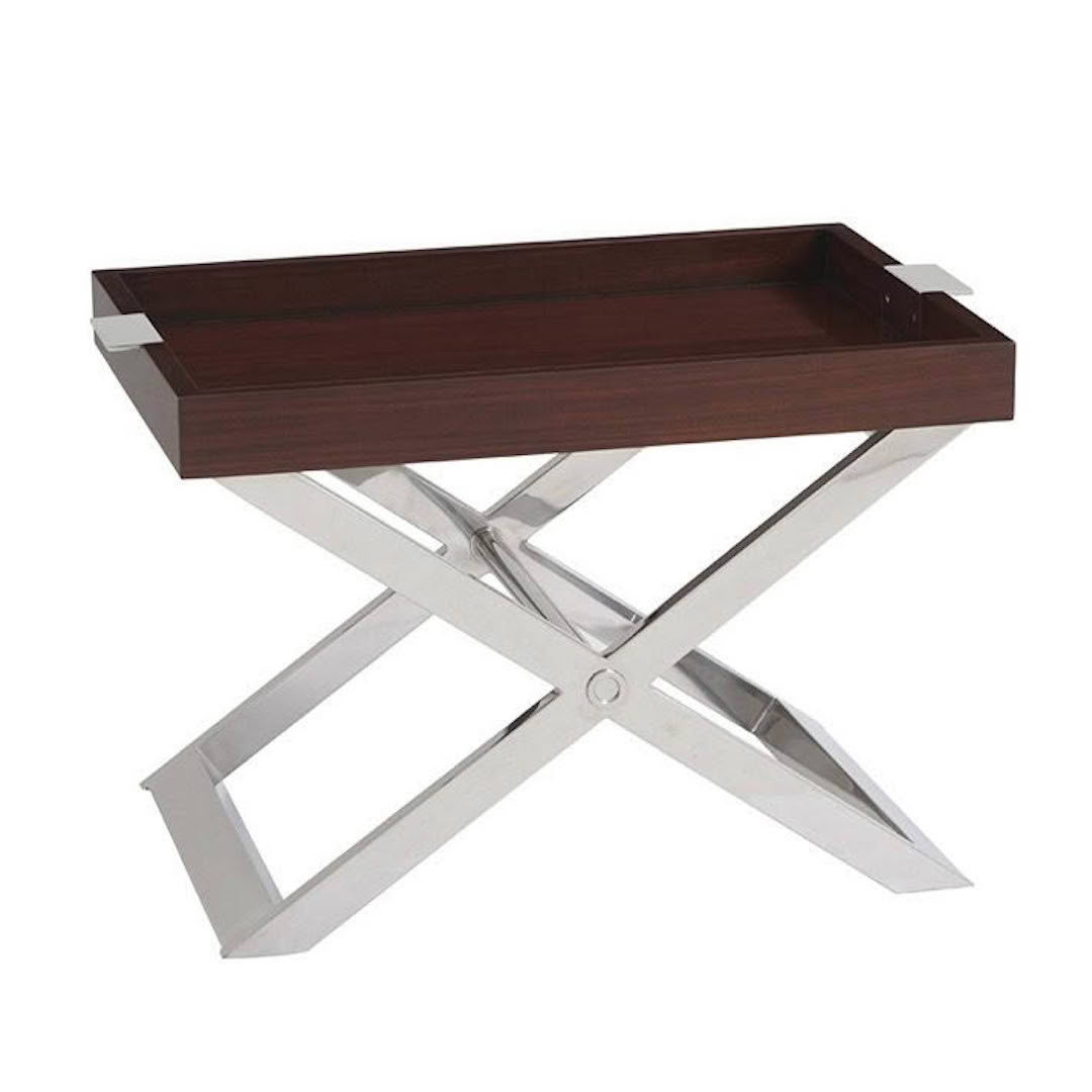 Modern silver X-frame side table with dark wood tray