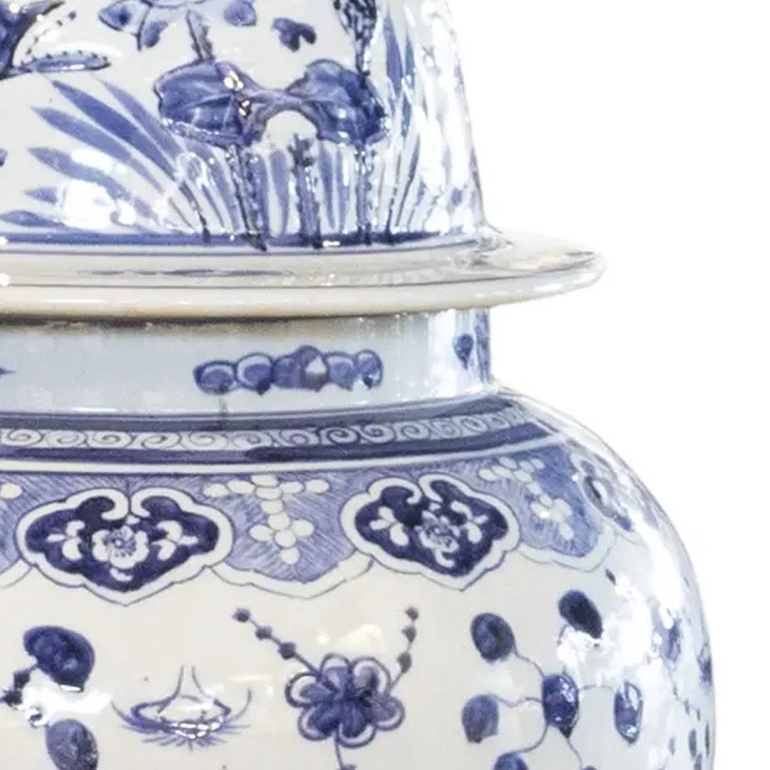 Blue and white floral ceramic vase close-up