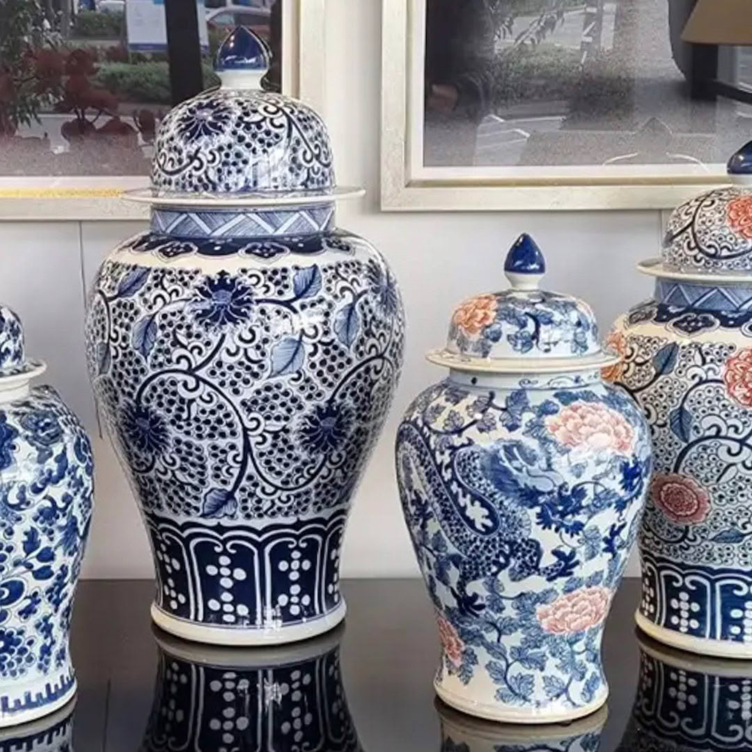 Collection of blue and white ceramic vases