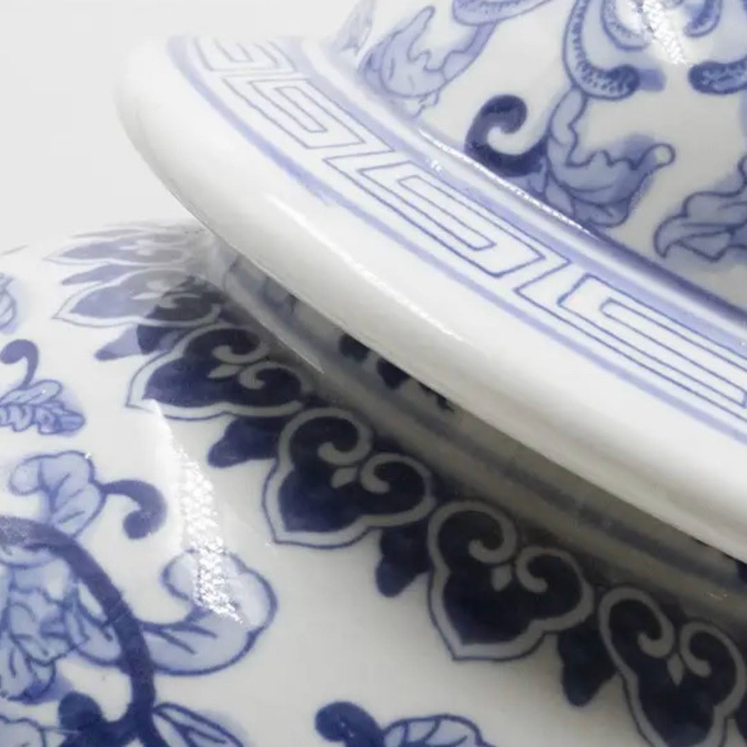 Close-up of blue and white porcelain dish design