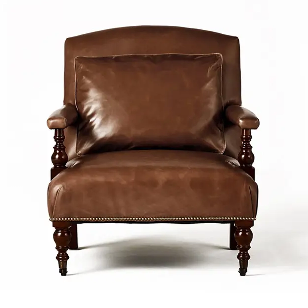 Oliver-Chair_5 (1) Elegant brown leather armchair with wooden legs