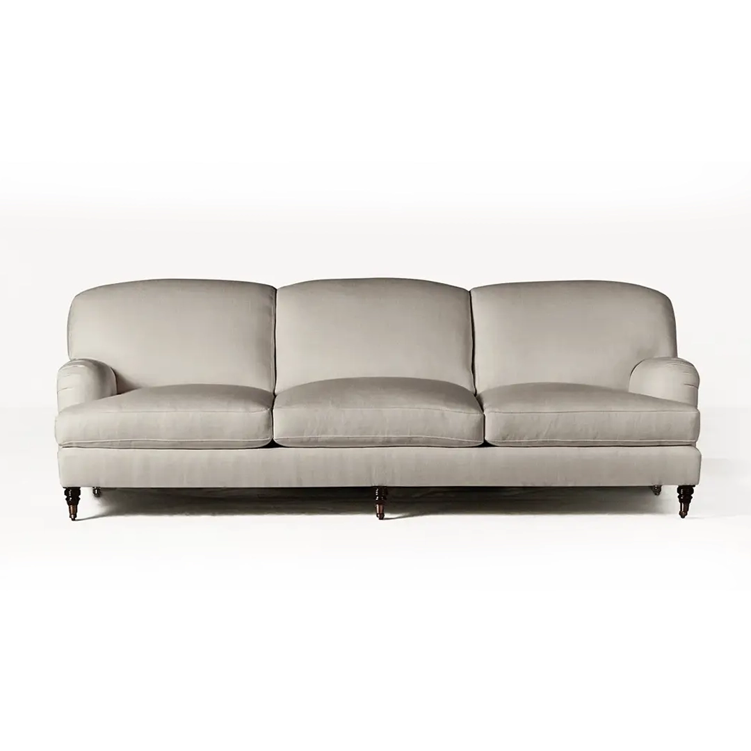 Elegant gray upholstered sofa with rolled arms