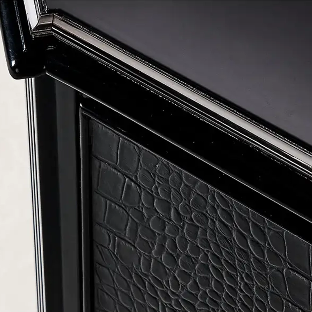 Yeardley-Chest_1 Close-up of black leather textured furniture detail