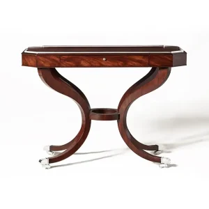 Elegant mahogany writing desk with curved legs and wheels