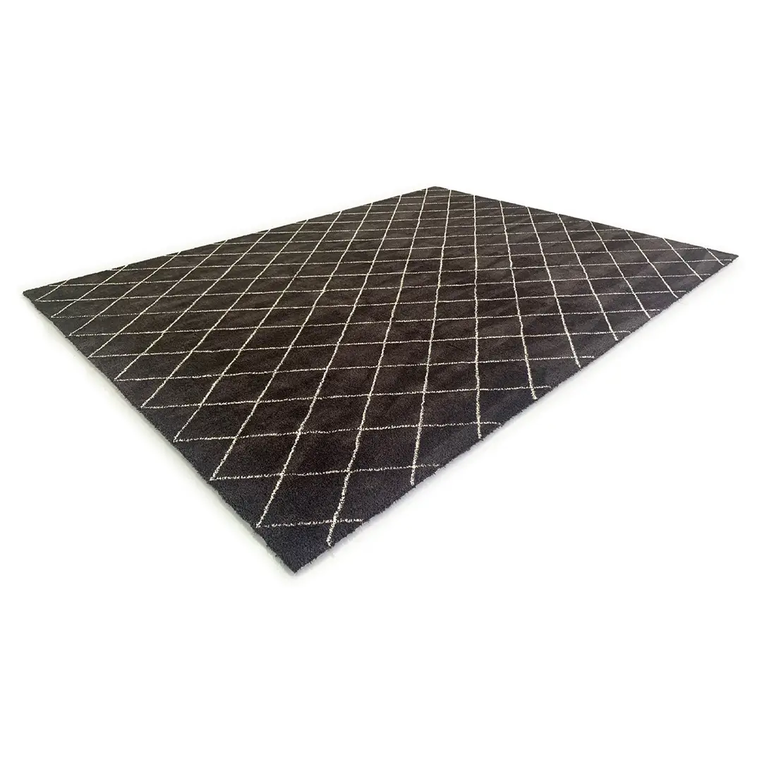 Black rectangular rug with white grid pattern