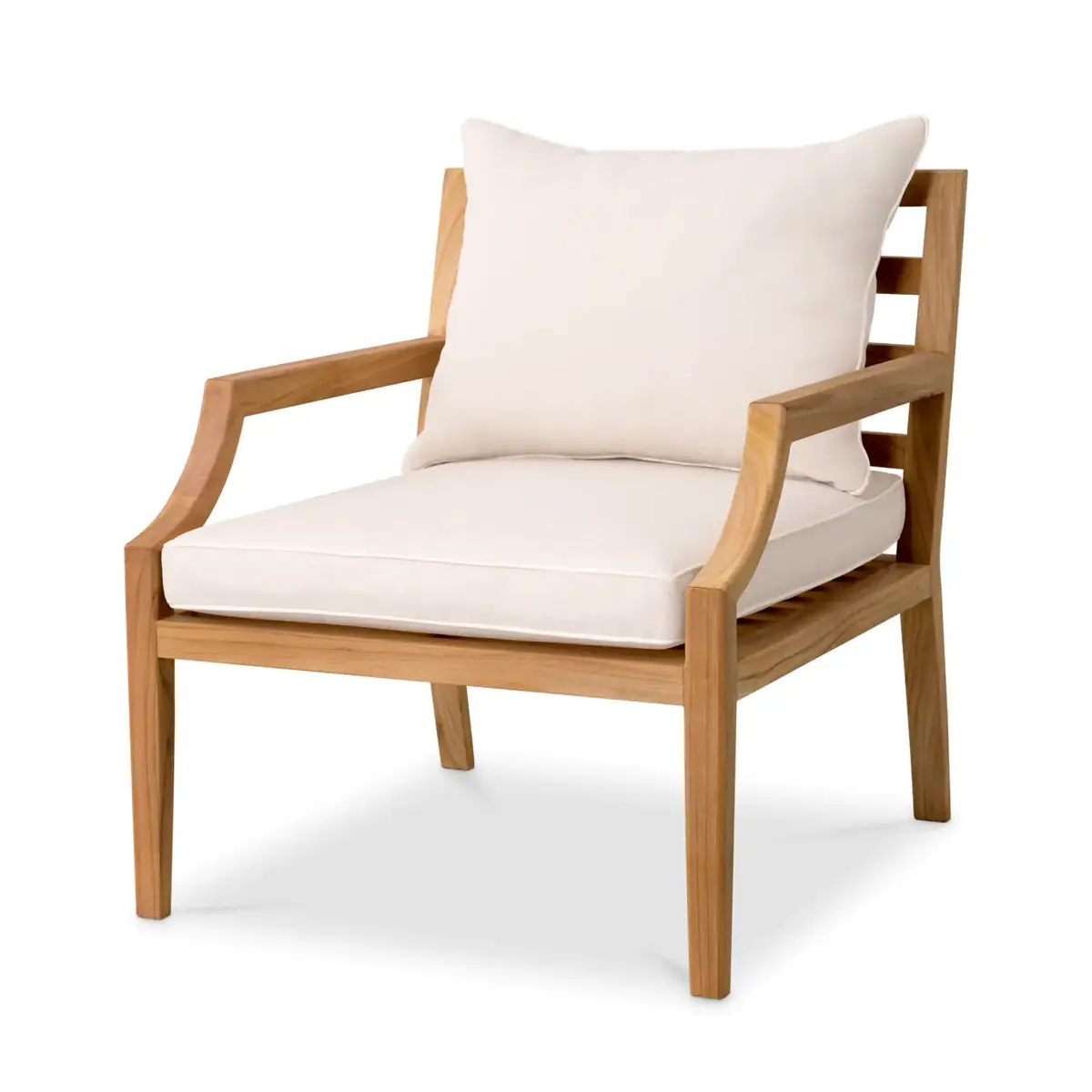 Modern wooden armchair with white cushions