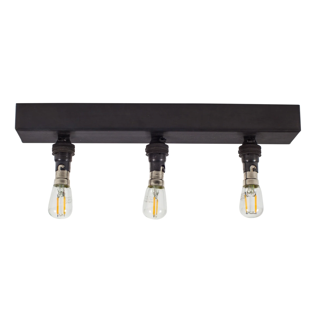 Black ceiling mount with three exposed bulbs