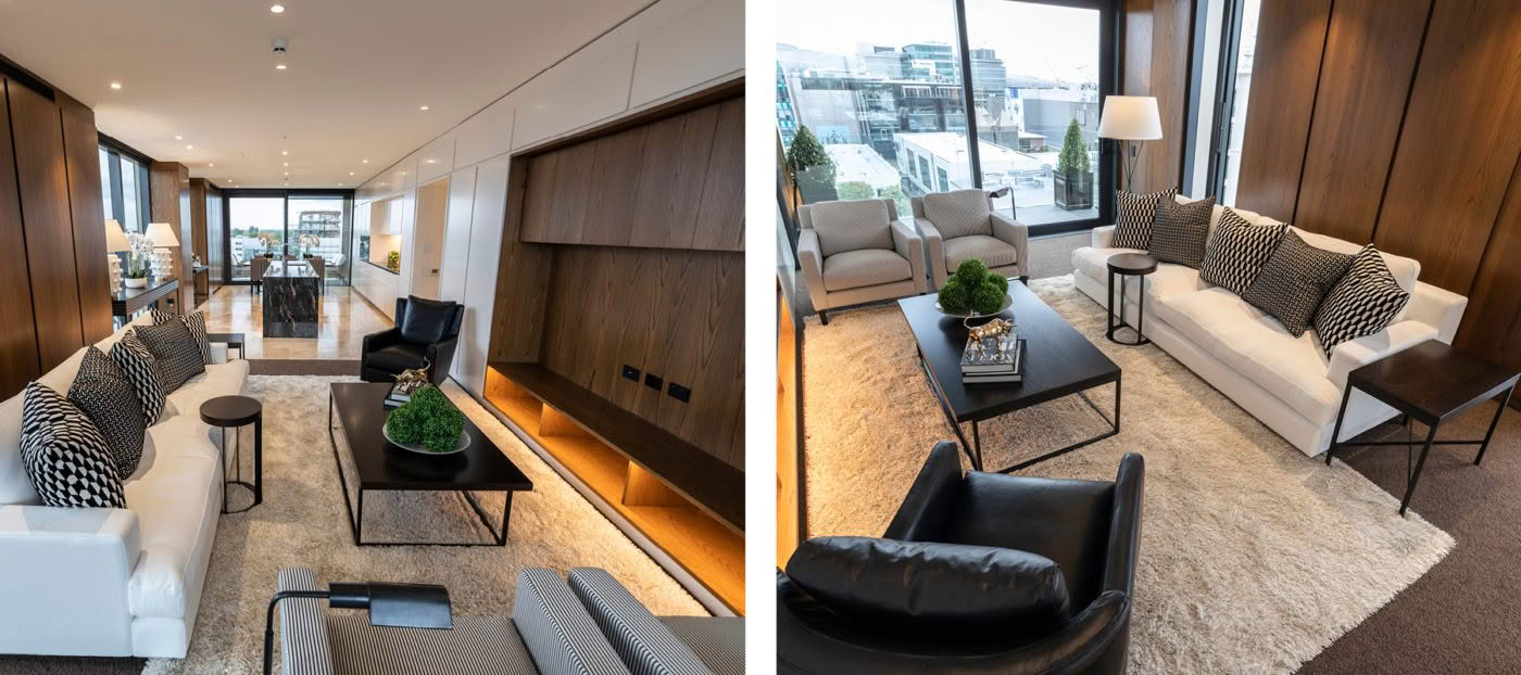 Modern living room interiors with elegant furniture and city view