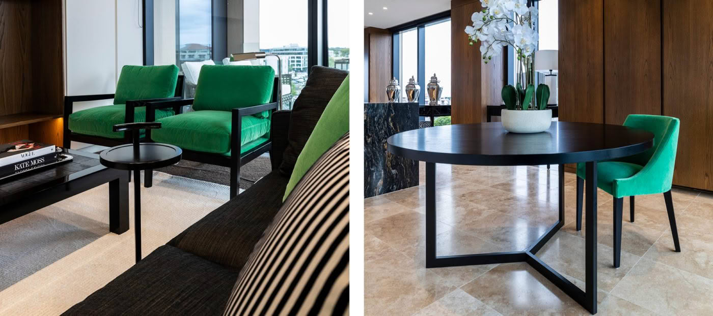 Modern interior with green chairs and sleek furniture