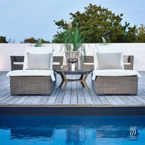 Outdoor poolside lounge with wicker sofas and center table