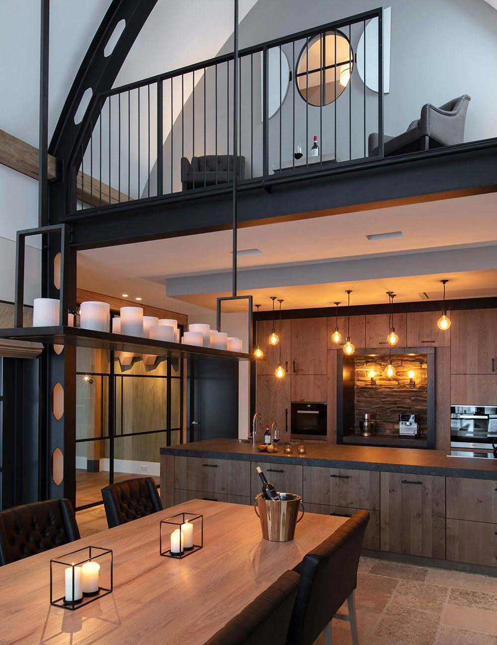 Modern kitchen with mezzanine and elegant lighting