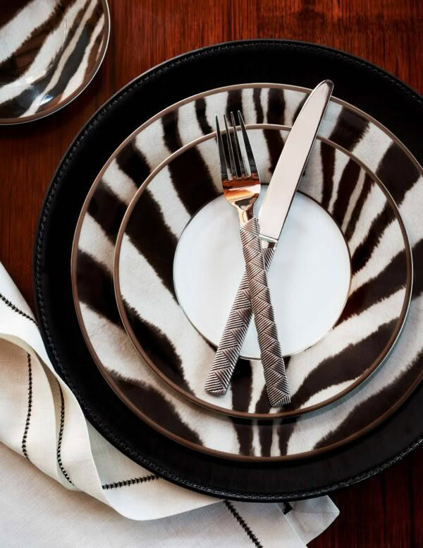 Zebra stripe dinner plate setting with fork and knife