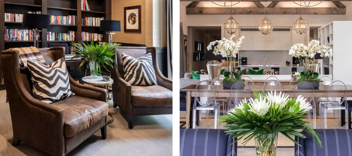 Cozy library nook and modern dining room with decor