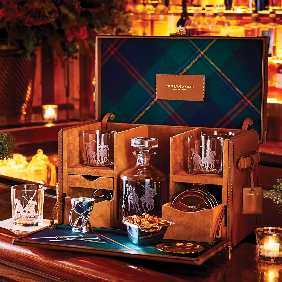 Luxury bar set with glasses and decanter in leather case