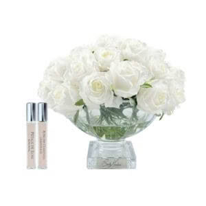 LUXURY CENTREPIECE - SQUARE BASE WITH SILVER BADGE - WHITE ROSE BUDS - COTE NOIRE