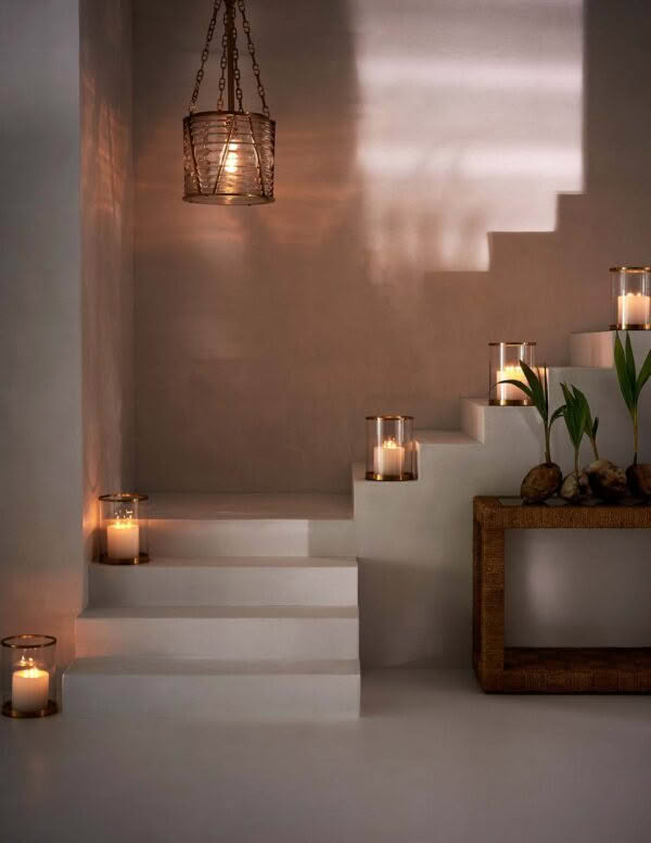 Candlelit staircase with hanging lantern and decorative plants