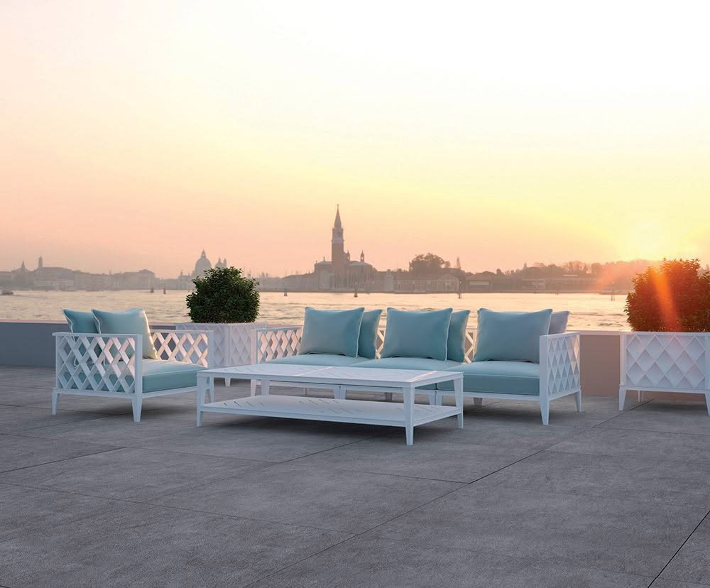 Outdoor patio overlooking scenic Venice skyline at sunset