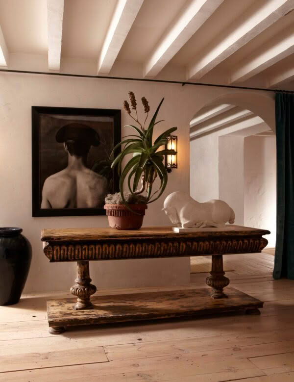 Elegant rustic interior with art and decorative plants
