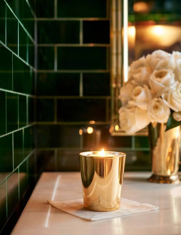 Lit candle in gold holder on marble table
