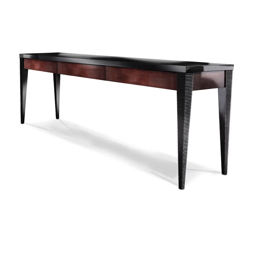 Elegant long wooden desk with ribbed legs