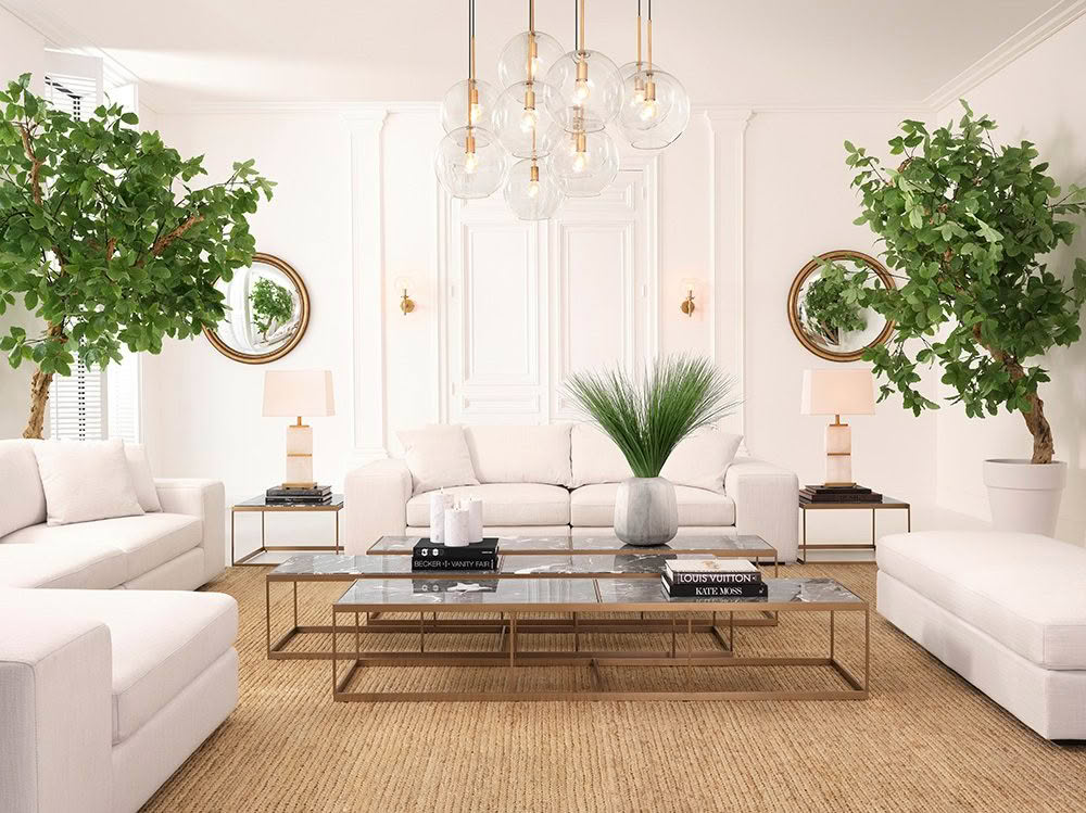 Elegant minimalist living room with white sofas and plants