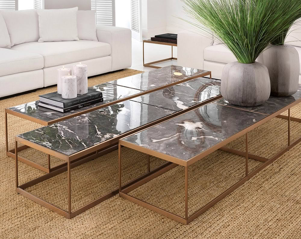 Elegant living room with modern marble coffee tables