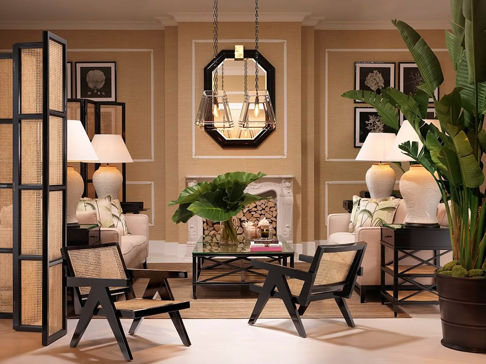 Elegant living room decor with plants and pendant lighting