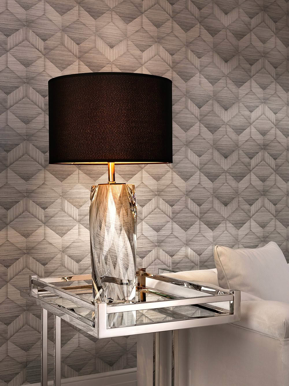 Elegant crystal table lamp on mirrored side table