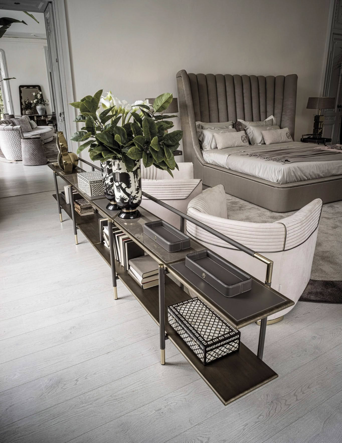 Elegant bedroom with stylish bed and decorative console table