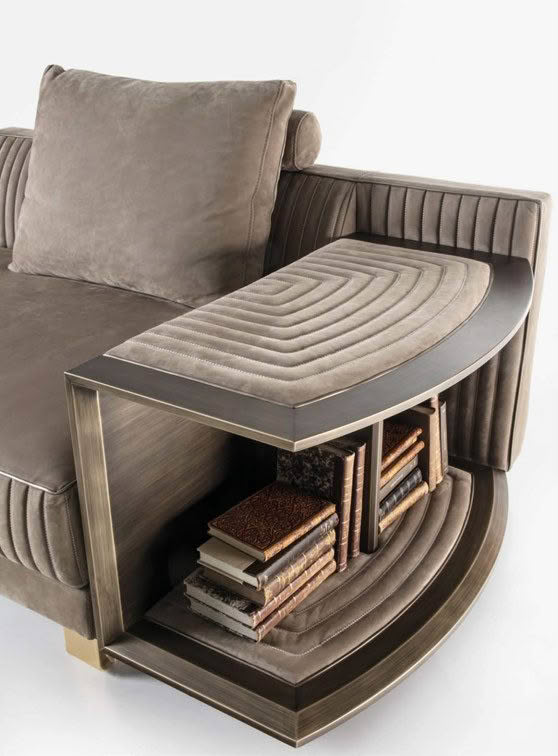 Modern armchair with integrated bookshelf and side table