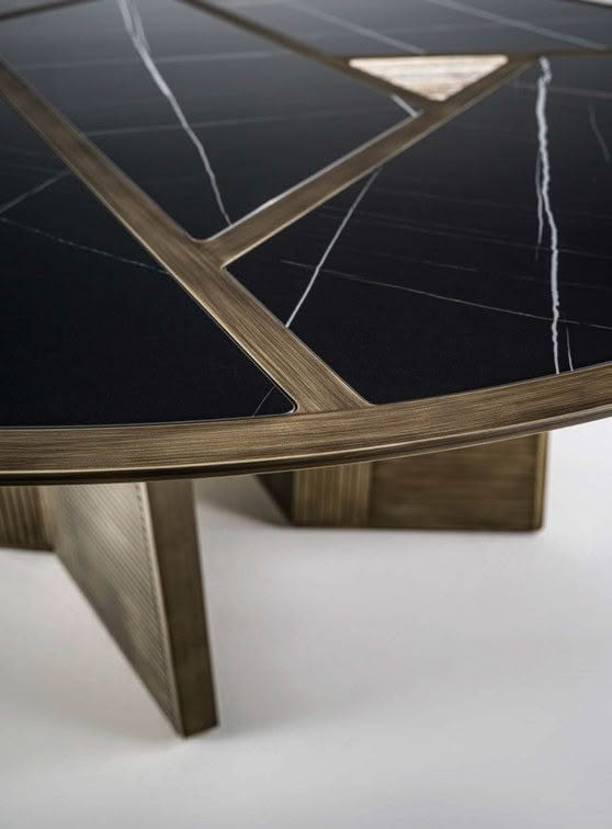 Angular table with black marble and wooden accents