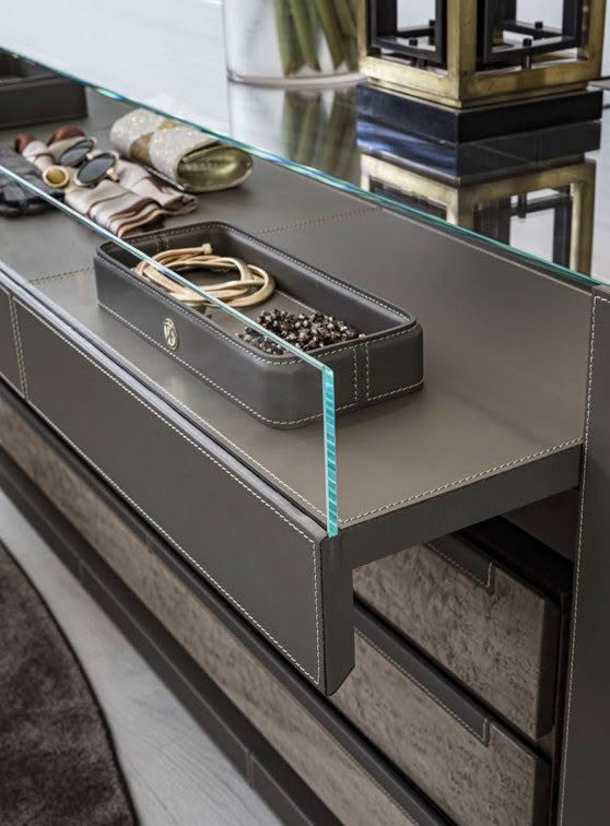 Elegant gray vanity table with trendy accessories and organizer