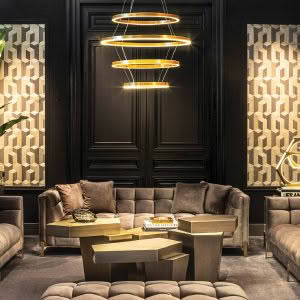 Elegant lounge with modern lighting and stylish furniture