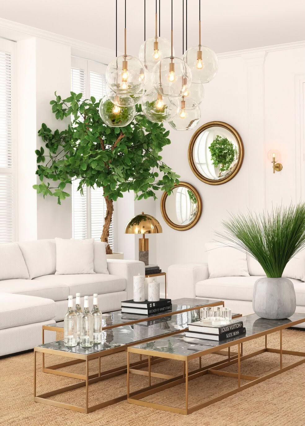 Elegant living room with modern decor and hanging lights