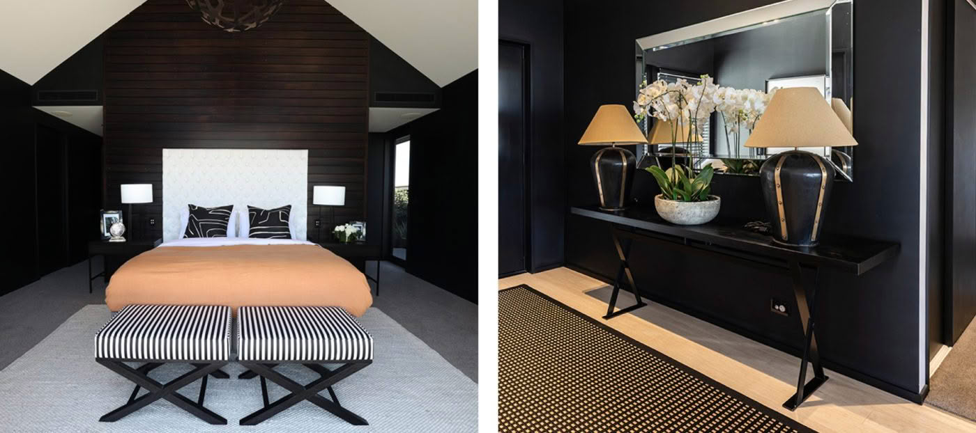 Elegant black and tan bedroom decor with stylish accents