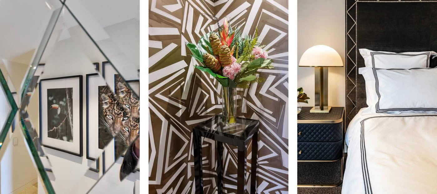 Modern interior decor, artistic wall designs and bedding.