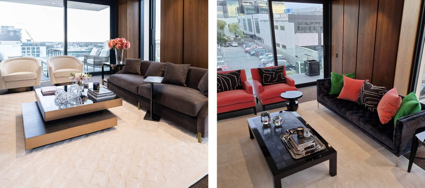 Luxurious living rooms with modern furniture and city views