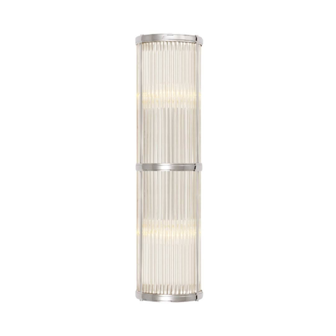 Tall cylindrical modern light fixture with ribbed glass