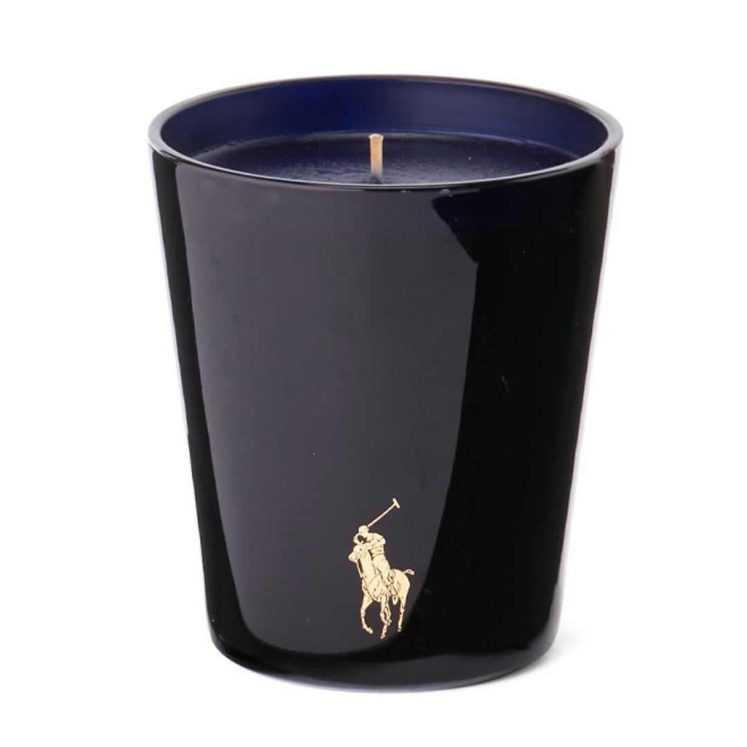 Black scented candle with gold polo player logo
