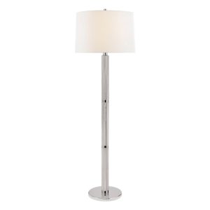 Tall modern chrome floor lamp with white shade