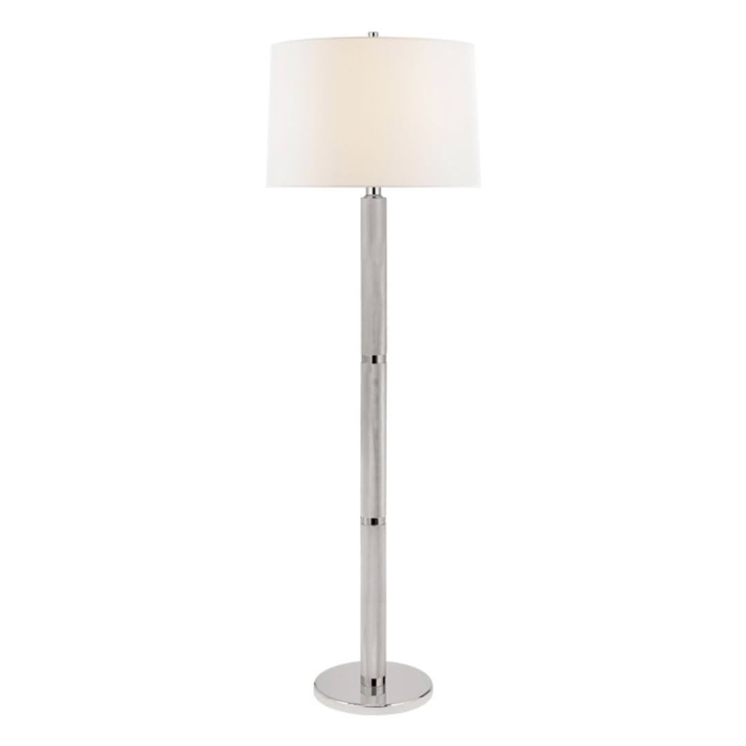 Tall modern chrome floor lamp with white shade