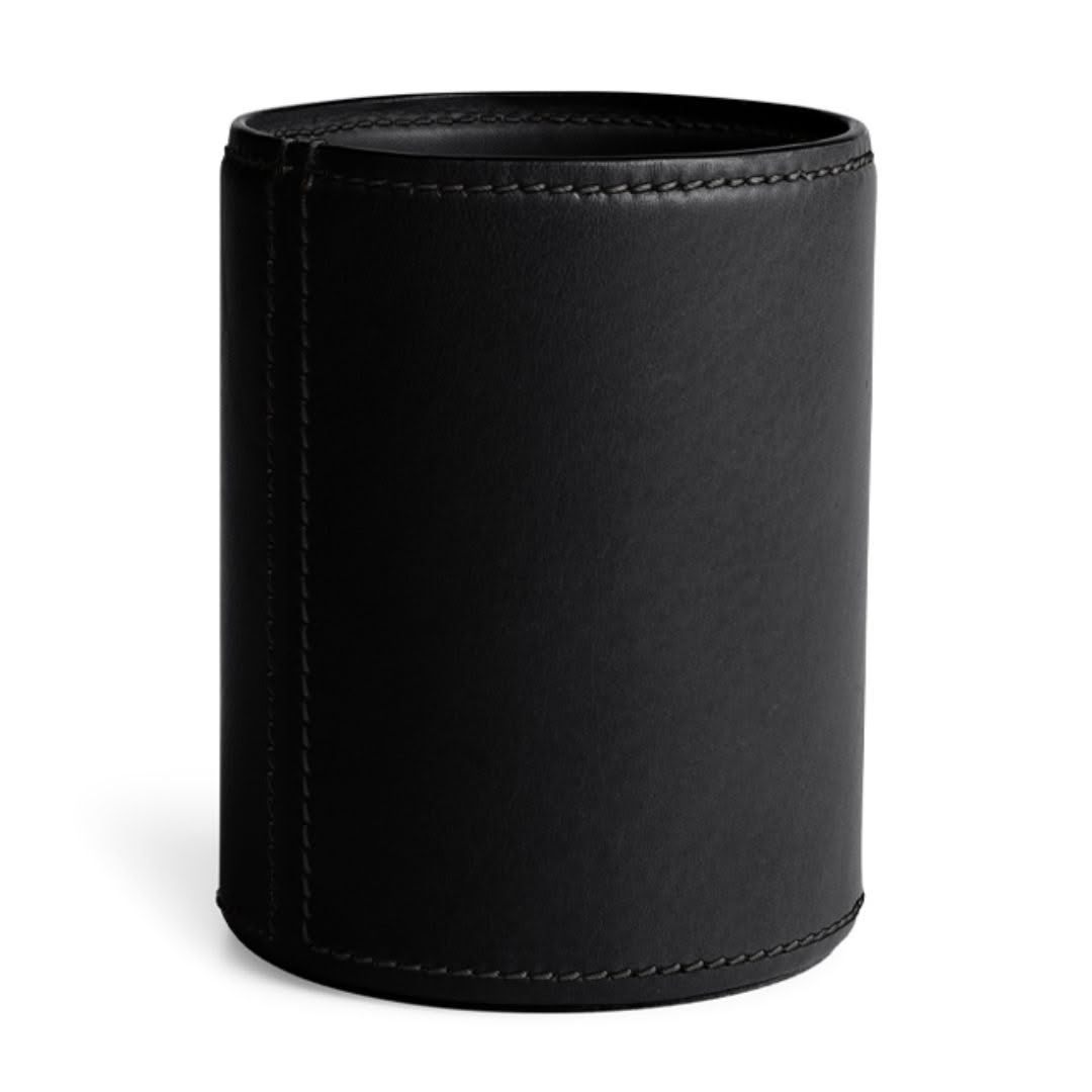 Black leather cylindrical container isolated on white
