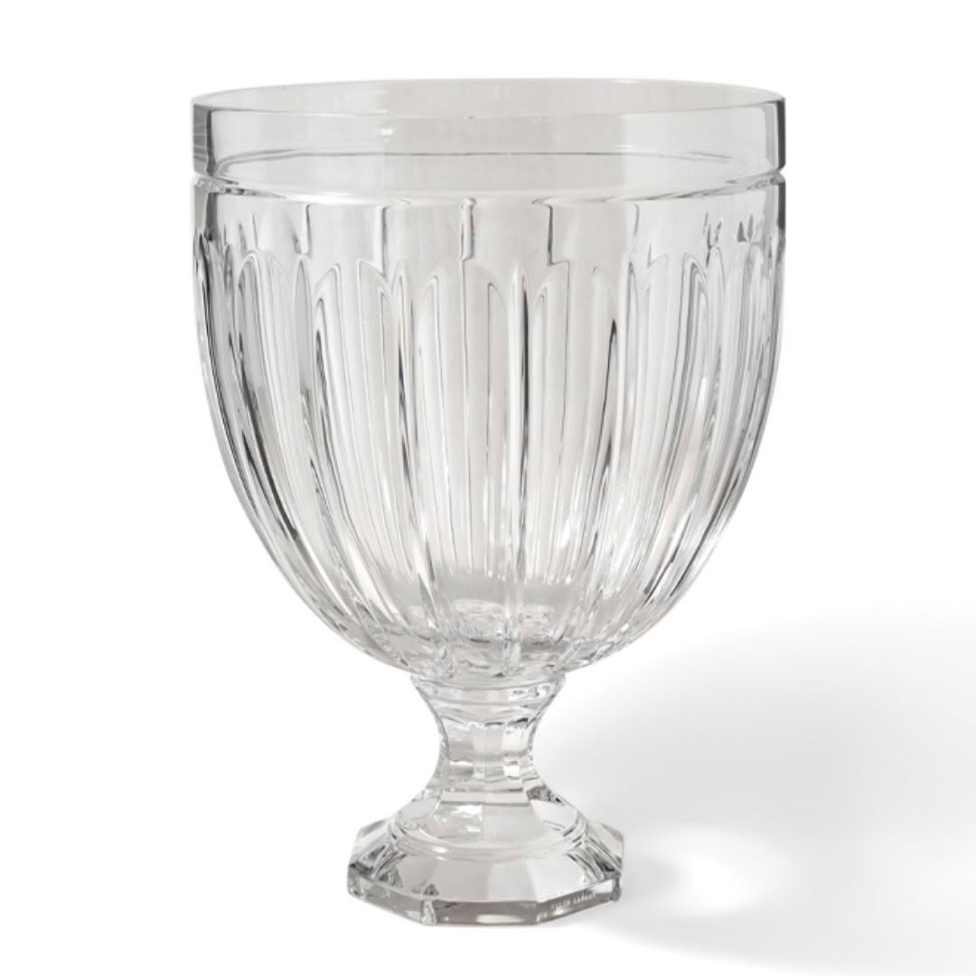 Clear glass footed drinking goblet with vertical ridges