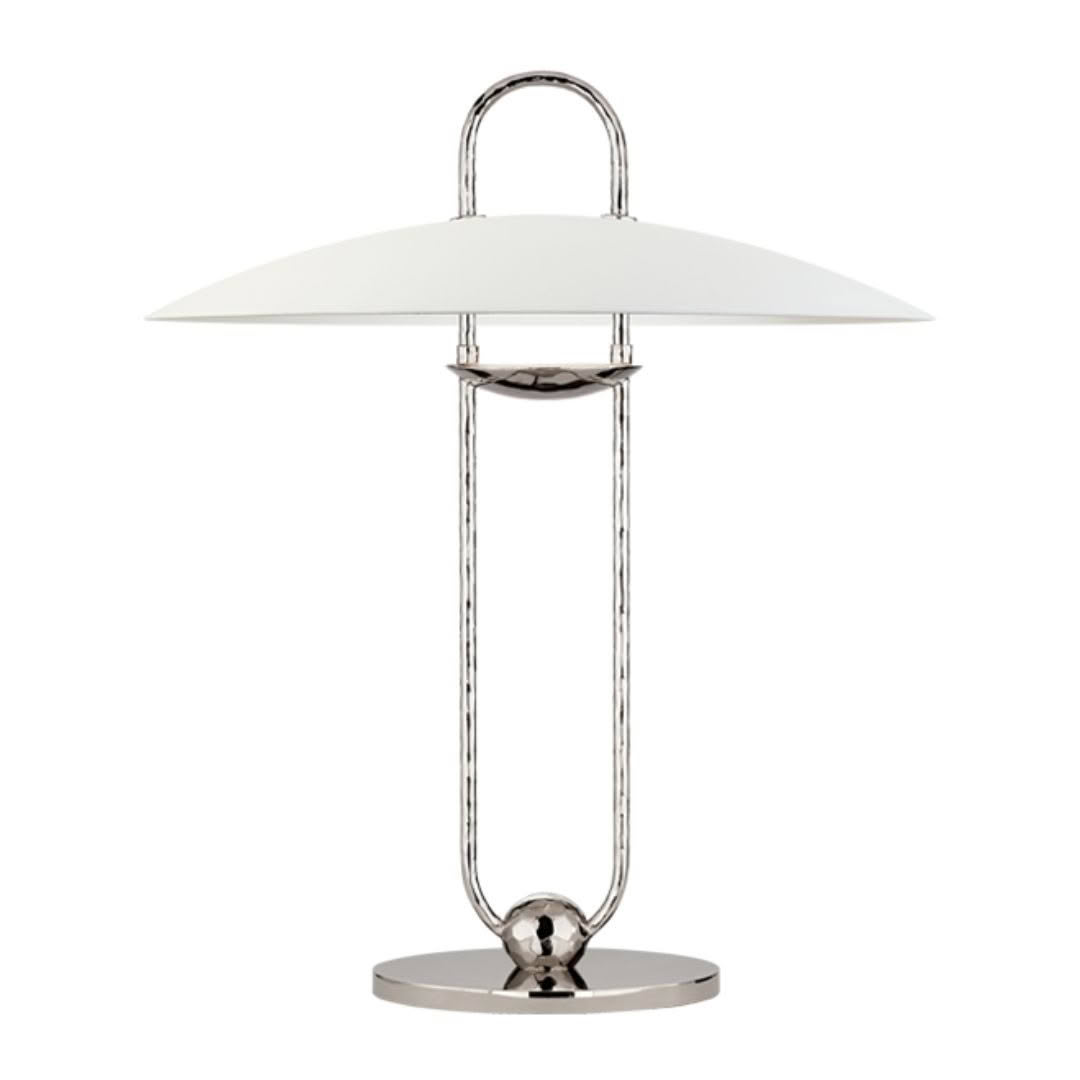 Modern chrome table lamp with white shade