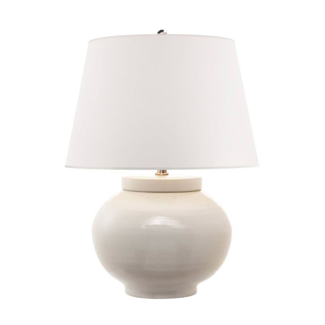White ceramic table lamp with cylindrical shade