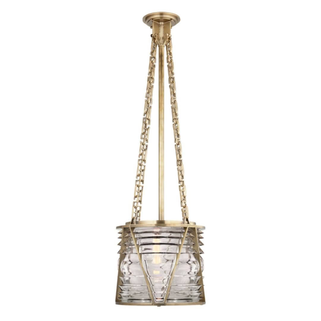 Brass pendant light with chain and glass shade