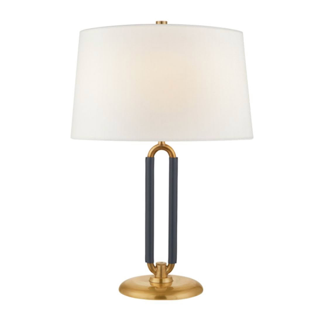 Gold and navy blue table lamp with white shade