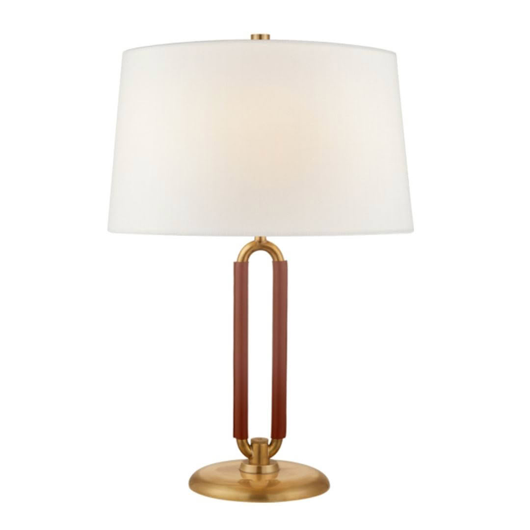 Elegant gold and wood table lamp with white shade