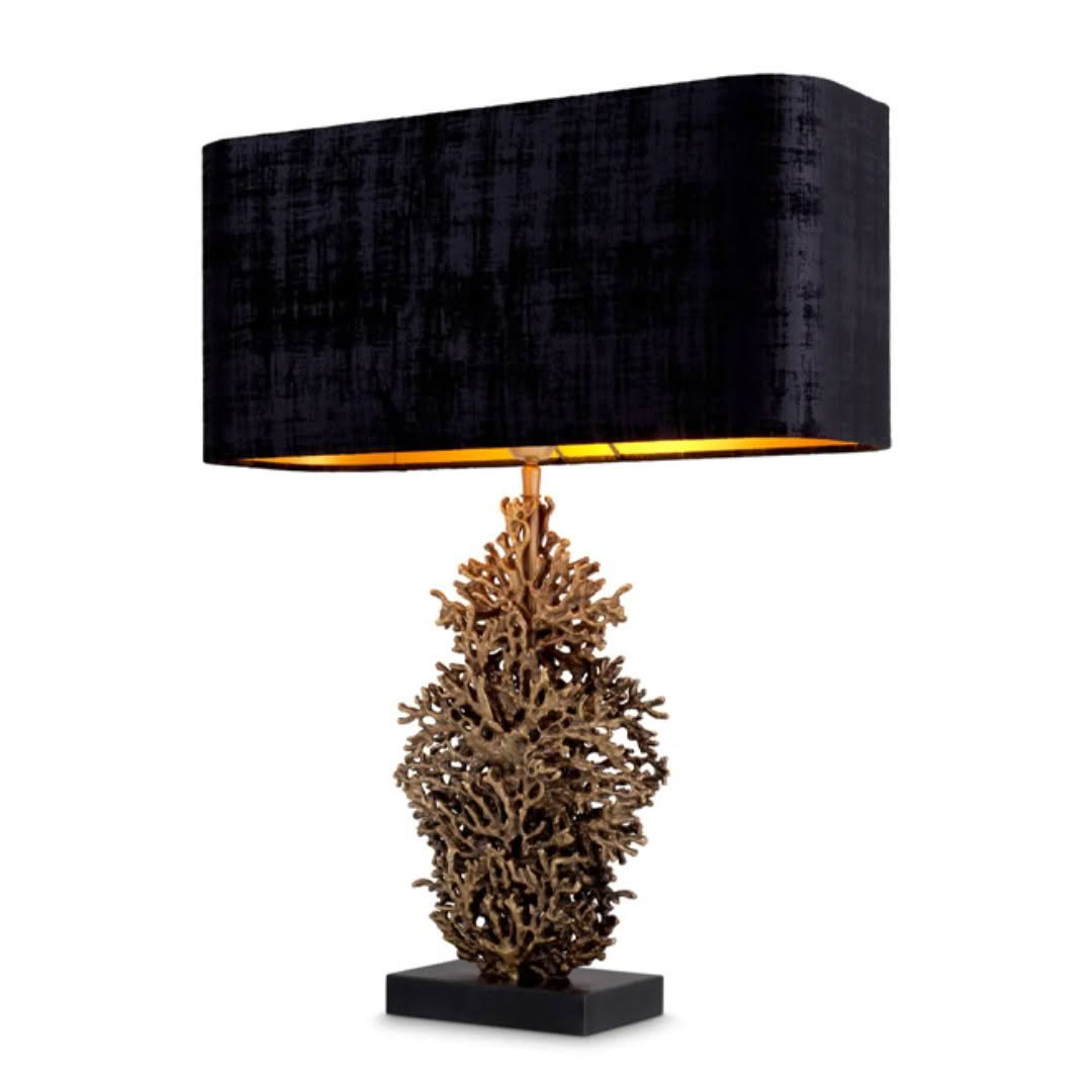 Designer lamp with ornate coral base and black shade